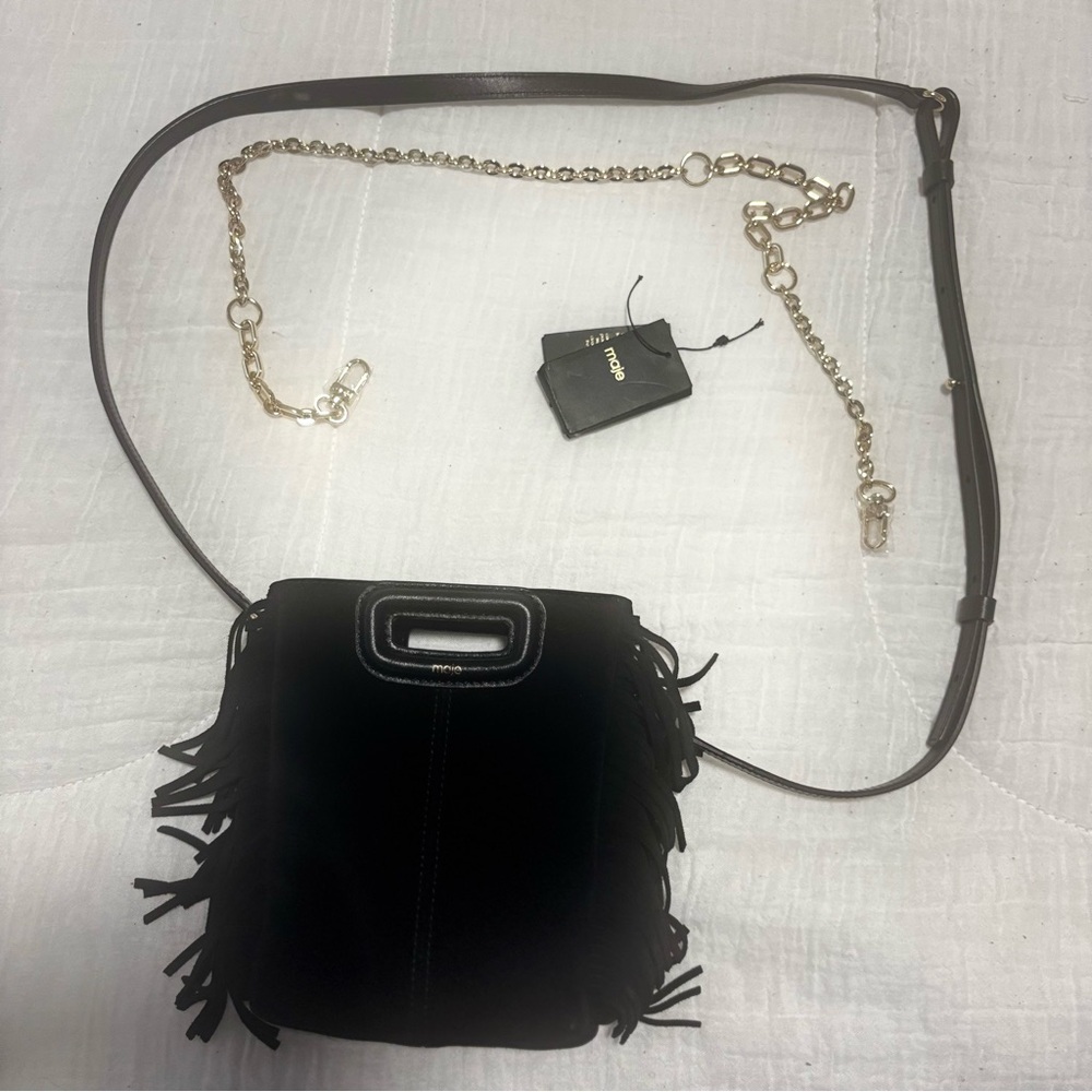 MAJE  Black Suede Fringe Crossbody with Gold Chain